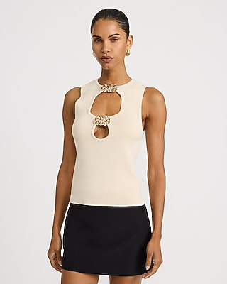 Express Women's Ribbed Crew Neck Gold Hardware Cutout Sweater Tank Top in Neutral Small