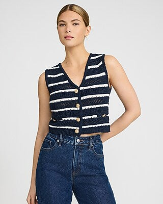 Express Women's Crochet Striped Novelty Button Sweater Vest in Navy Blue