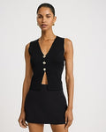 Express Women's Ribbed V-Neck Gold Button Front Cutaway Sweater Vest in Black Small