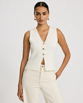 Express Women's Ribbed V-Neck Gold Button Front Cutaway Sweater Vest in Neutral Small