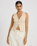 Express Women's Ribbed V-Neck Gold Button Front Cutaway Sweater Vest in Light Tan