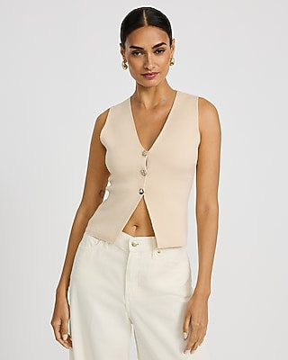Express Women's Ribbed V-Neck Gold Button Front Cutaway Sweater Vest in Light Tan