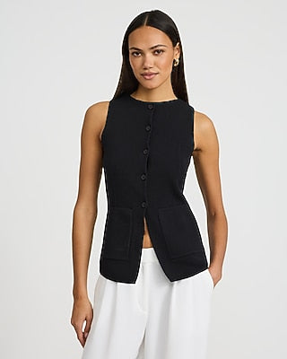 Express Women's Crew Neck Patch Pocket Cutaway Hem Sweater Vest in Black Small