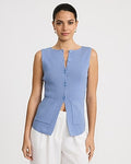 Express Women's Crew Neck Patch Pocket Cutaway Hem Sweater Vest in Blue