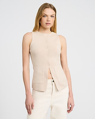 Express Women's Crew Neck Patch Pocket Cutaway Hem Sweater Vest in Neutral Small
