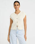 Express Women's Textured Crew Neck Cap Sleeve Novelty Button Cardigan in White Small
