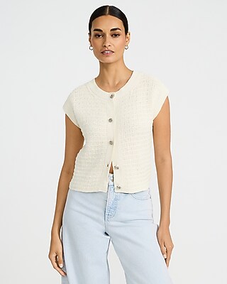 Express Women's Textured Crew Neck Cap Sleeve Novelty Button Cardigan in White Small