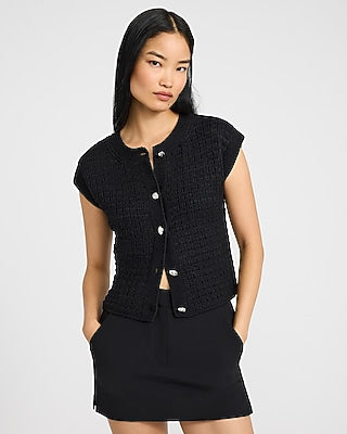 Express Women's Textured Crew Neck Cap Sleeve Novelty Button Cardigan in Black Small
