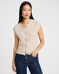 Express Women's Textured Crew Neck Cap Sleeve Novelty Button Cardigan in Light Tan