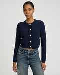 Express Women's Crew Neck Novelty Button Two Pocket Cardigan in Navy Blue