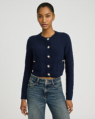 Express Women's Crew Neck Novelty Button Two Pocket Cardigan in Navy Blue