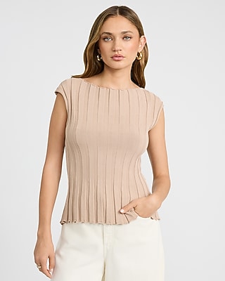 Express Women's Ribbed Boat Neck Cap Sleeve Sweater in Neutral Small