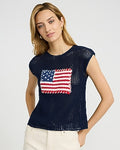 Express Women's American Flag Cotton Open Stitch Cap Sleeve Sweater in Blue Small