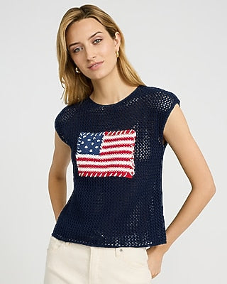 Express Women's American Flag Cotton Open Stitch Cap Sleeve Sweater in Blue Small