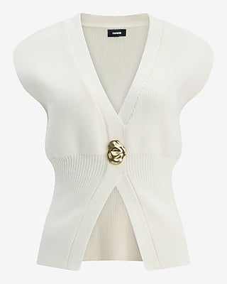 Express Women's V-Neck Gold Button Banded Cutaway Sweater Vest in White Small