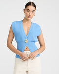 Express Women's V-Neck Gold Button Banded Cutaway Sweater Vest in Blue Small