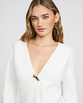 Express Women's V-Neck Long Sleeve Single Novelty Button Cutaway Sweater in White Small
