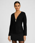 Express Women's V-Neck Long Sleeve Single Novelty Button Cutaway Sweater in Pitch Black