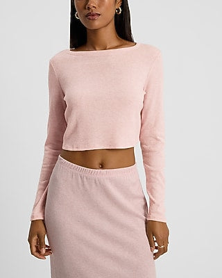 Express Women's Cozy Knit Fitted Crew Neck Crop Top in Blush
