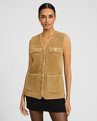 Express Women's Fuzzy Rhinestone Embellished Sweater Vest in Tan