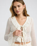 Express Women's Open Stitch Ruffle Tie Front Cardigan in Ivory
