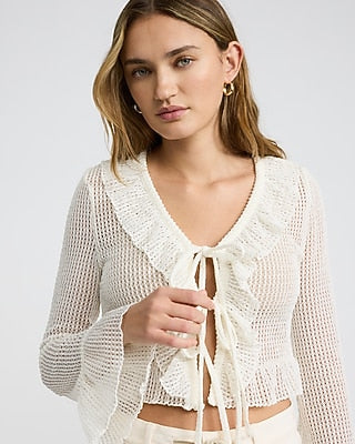 Express Women's Open Stitch Ruffle Tie Front Cardigan in White Small