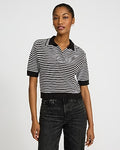Express Women's Striped Johnny Collar Short Sleeve Sweater in Black And White Stripe