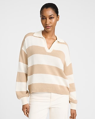 Express Women's Striped Puff Sleeve Johnny Collar Sweater in Neutral Stripe