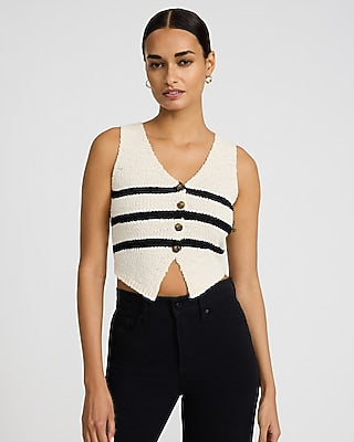 Express Women's Textured Striped Cropped Button Front Cutaway Sweater Vest in Cream
