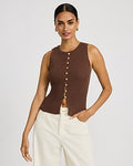 Express Women's Ribbed Crew Neck Button Front Cutaway Sweater Tank Top in Brown Small