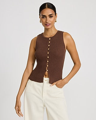 Express Women's Ribbed Crew Neck Button Front Cutaway Sweater Tank Top in Brown Small
