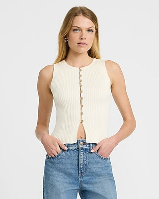 Express Women's Ribbed Crew Neck Button Front Cutaway Sweater Tank Top in Neutral Small