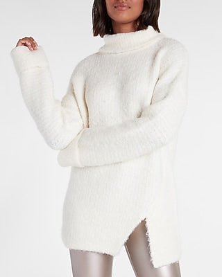 Express Women's Chunky Cowl Neck Vent Hem Sweater in Swan