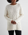 Express Women's Embellished Rhinestone Cable Knit Tunic Sweater in Swan
