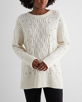 Express Women's Embellished Rhinestone Cable Knit Tunic Sweater in Swan