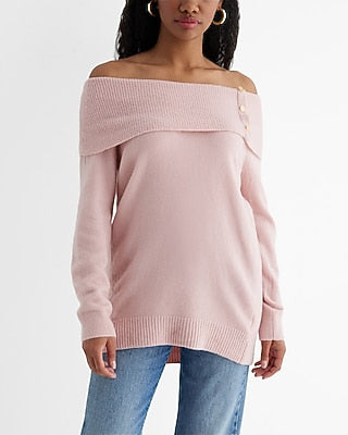 Express Women's Novelty Button Off The Shoulder Oversized Sweater in Dusty Mauve