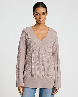 Express Women's Cable Knit V-Neck Tunic Sweater in Blush Heather