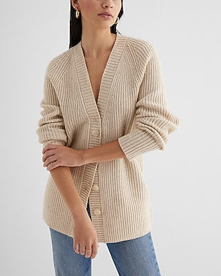 Express Women's Button Front Tunic Cardigan in Sandshell