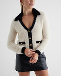 Express Women's Tipped Faux Fur Novelty Button Cardigan in Sandshell