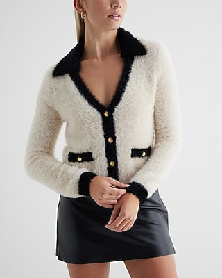 Express Women's Tipped Faux Fur Novelty Button Cardigan in Sandshell