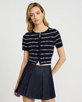 Express Women's Striped Crew Neck Short Sleeve Cardigan in Navy Blue