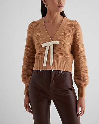 Express Women's Textured V-Neck Bow Cardigan in Pecan