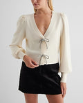 Express Women's V-Neck Embellished Rhinestone Bow Cardigan in Swan
