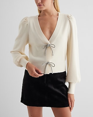 Express Women's V-Neck Embellished Rhinestone Bow Cardigan in White Small