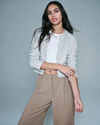 Express Women's Crew Neck Button Front Cropped Cardigan in Silver Heather Gray