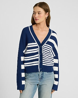 Express Women's Relaxed Striped V-Neck Cardigan in Ink