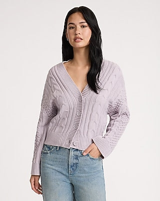 Express Women's Relaxed V-Neck Cable Knit Cardigan in Lavendar Mist