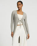 Express Women's Lightweight Ribbed Tie Front Long Cardigan in Heather Gray