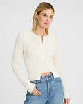 Express Women's Pointelle Crew Neck Long Sleeve Cardigan in Ivory