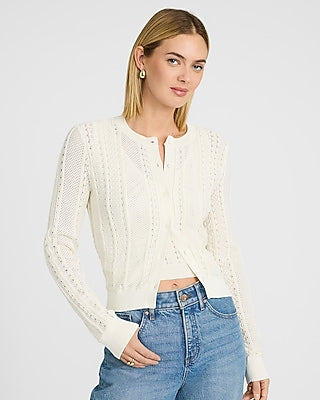 Express Women's Pointelle Crew Neck Long Sleeve Cardigan in Ivory
